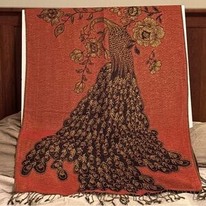 Peacock Brocade Pashmina Scarf Wrap Shawl  Burnt Orange, Black and Gold